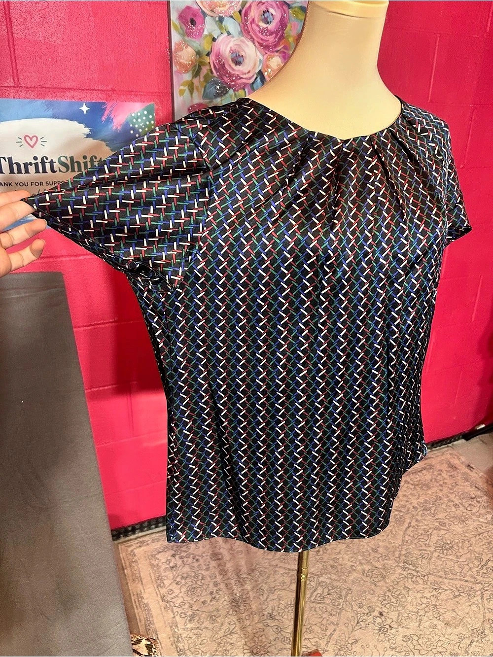 Talbots Geometric Silk Top Black Multicolor Size 14